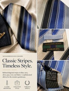 Alexander Julian Colours Blue Gray Silver Stripe Silk Tie Classic Executive Mens
